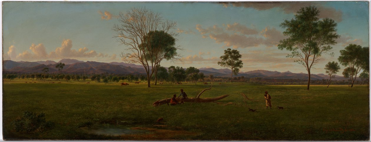 Kilátás a Gippsland Alpokra, az Avon folyón lévő Bushy Parkból alkotó: Eugene von Guérard