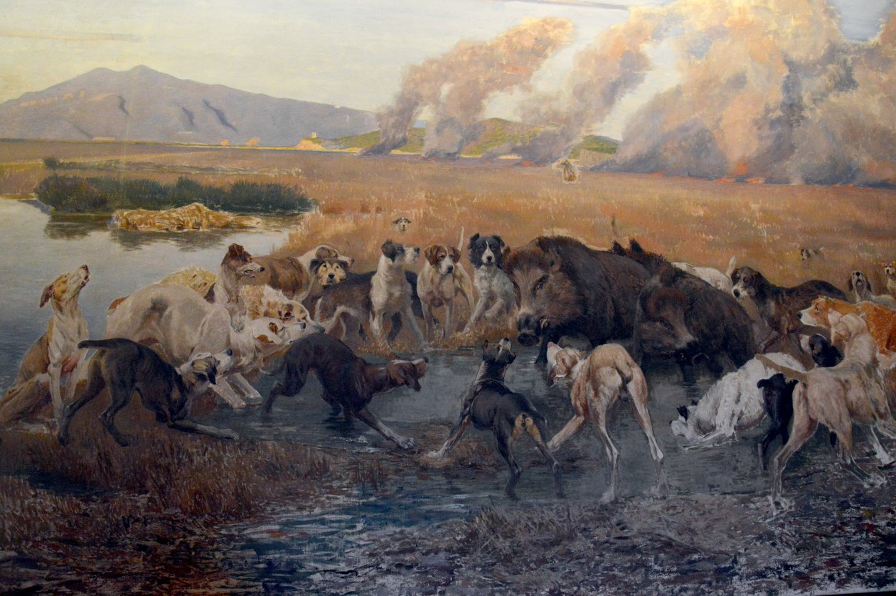 Részlet Eugenio Cecconi: Vaddisznóvadászat a Padule di Buranoban a Galleria d