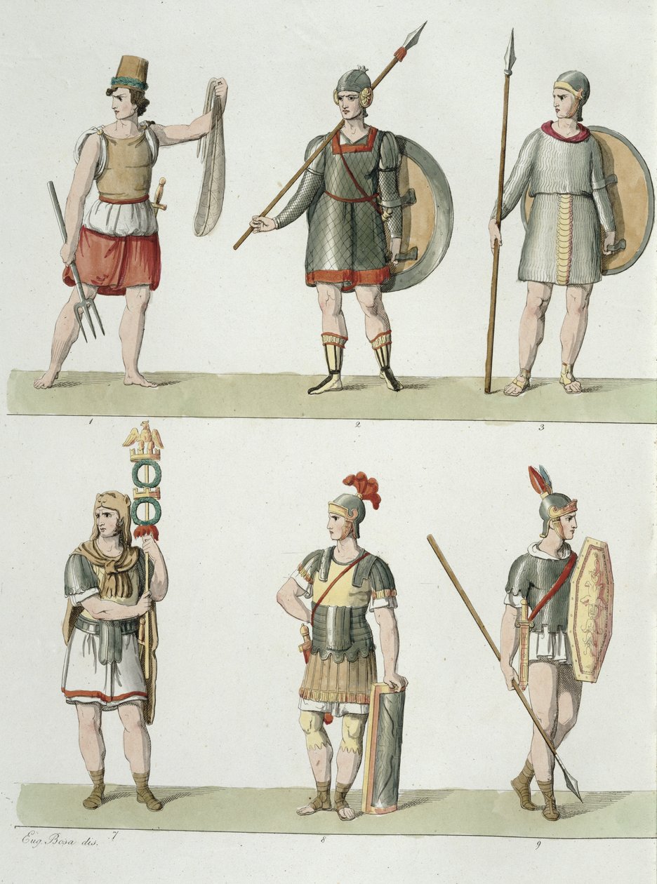 Római katonák, részlet A Nemzetek története I. részének 2. táblájáról, 5. osztály, Buttazon aquatint metszett lásd még: 93289 alkotó: Eugenio Bosa