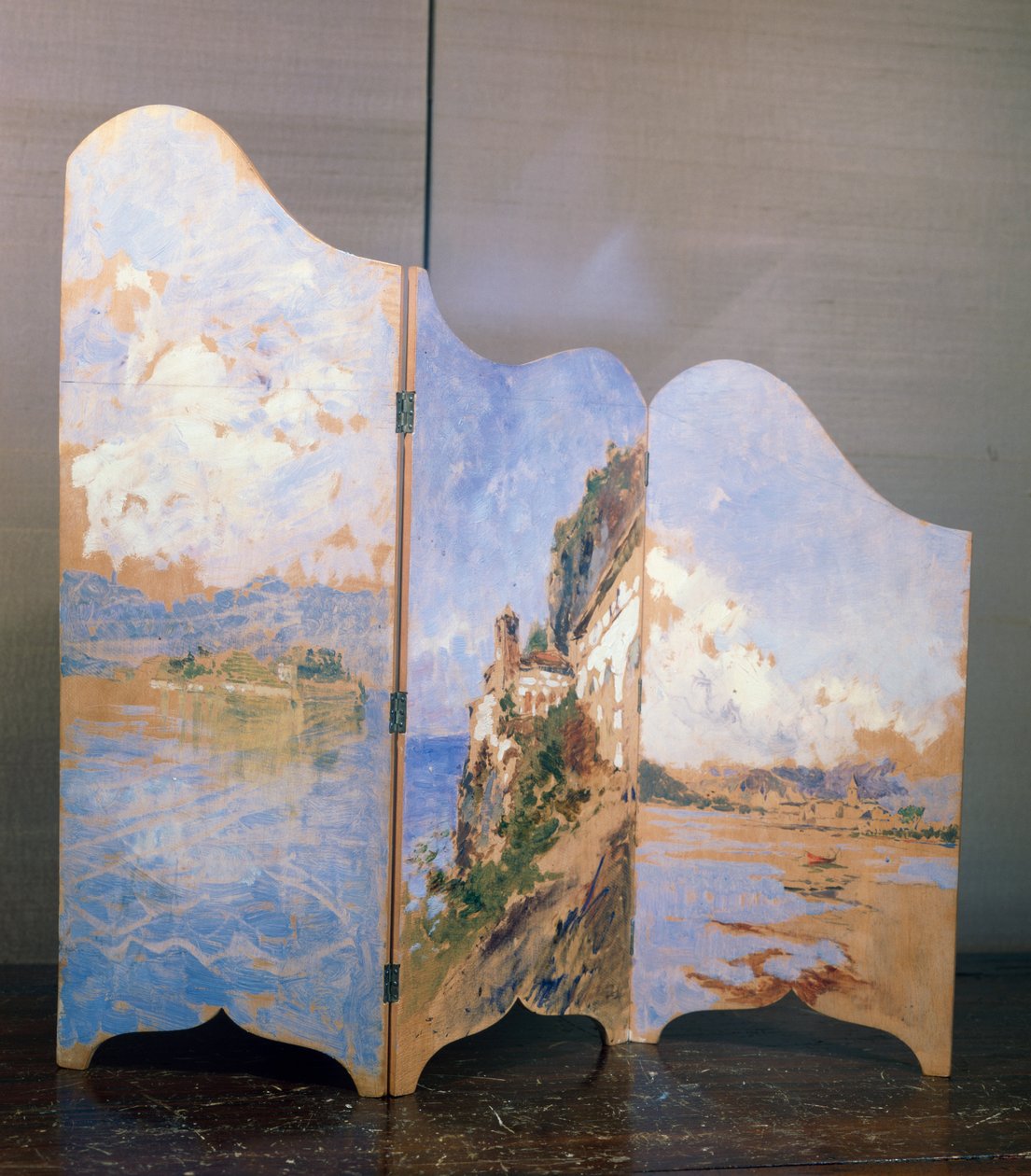 Három kilátás a Maggiore-tóra: Isola Bella, Santa Caterina del Sasso, Isola dei Pescatori alkotó: Eugenio Gignous