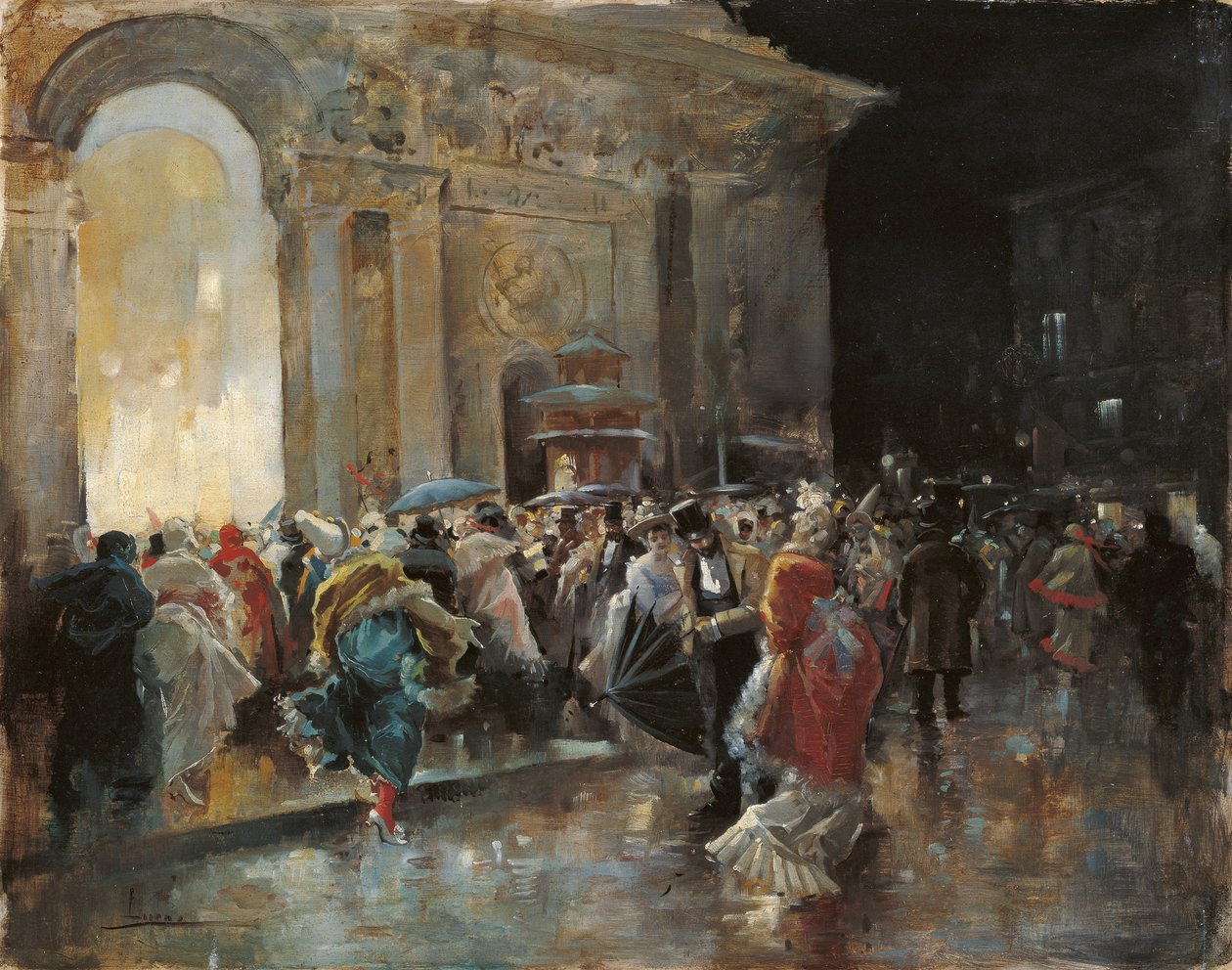 Érkezés a színházba egy Álarcosbál éjszakáján - Lucas Villaamil, Eugenio (1858-1919) - c. 1895 - Olaj, fa - 31x40 - Museo Carmen Thyssen, Malaga alkotó: Eugenio Lucas Villaamil