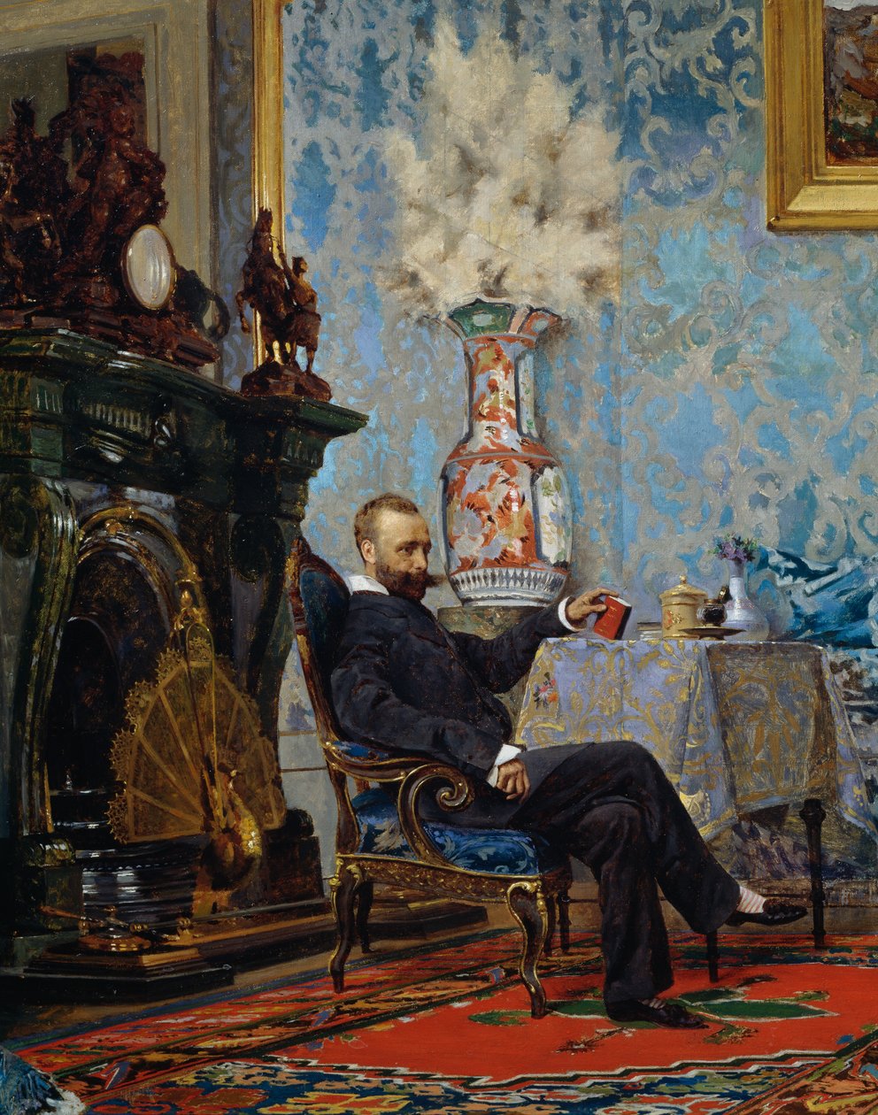 Peter Fabricci ül a nappaliban, részlet a Fabricci családból, kb 1880, szerző: Eugene Scomparini (1845-1913), olaj, vászon, 68x187 cm, Olaszország alkotó: Eugenio Scomparini