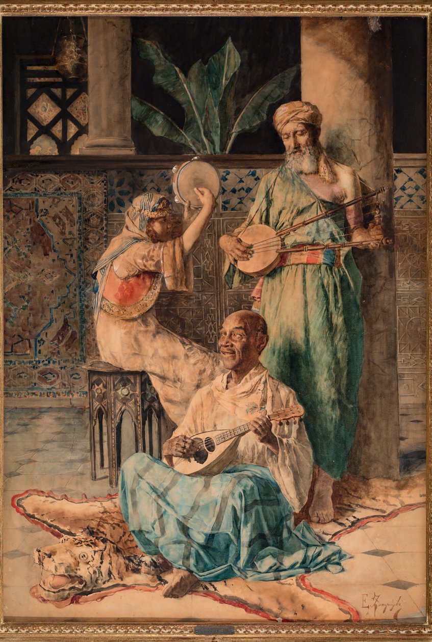 Három keleti zenelejátszó (tempera papíron) alkotó: Eugenio Zampighi