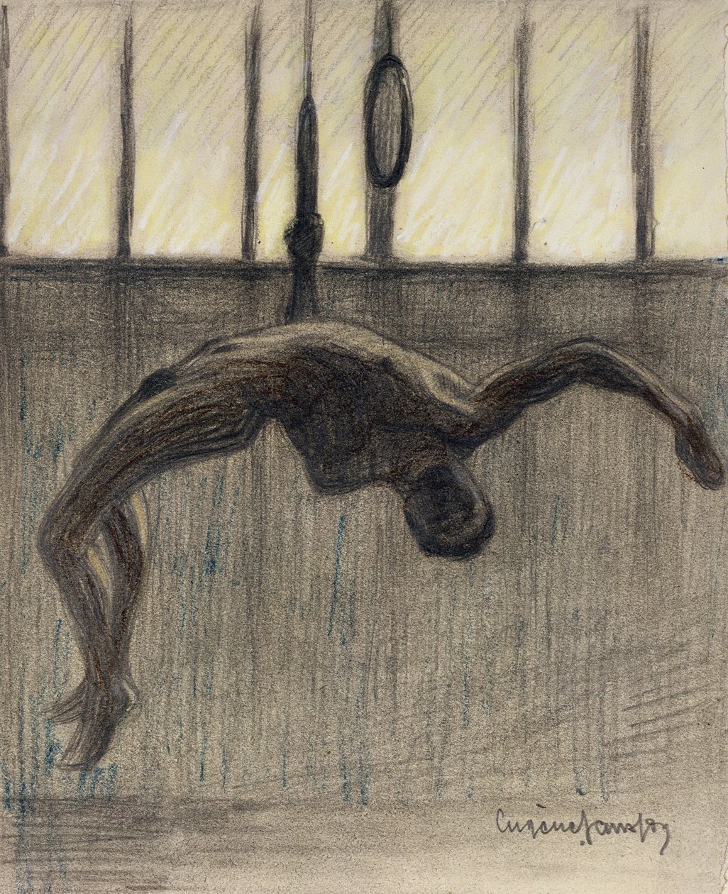 Ring Gymnast, 1911 (ceruza és színes kréták papíron, aranyozott szélű kártyára fektetve) alkotó: Eugène Jansson