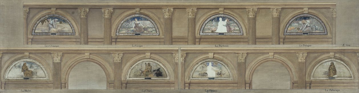 A párizsi Hôtel de Ville étkezőjének vázlata: The Fields. A gyümölcsöskert. A parterre. A zöldségeskert. A halászat. Vadászat. A tanya. A legelő, 1891 körül (tinta, olaj, ceruza, papír, vászon). alkotó: Eugène Martial Simas