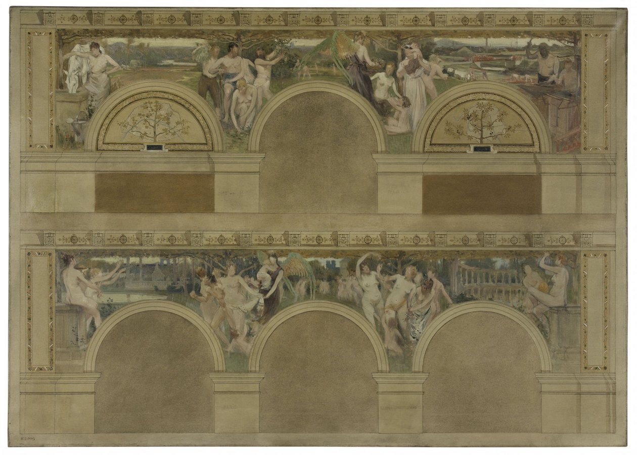 Vázlat a párizsi Hôtel de Ville de Paris egyik bevezető szalonjához: Le Travail. Les Réjouissances. La Charité, 1892 (fekete tinta, olaj, vászon). alkotó: Eugène Martial Simas