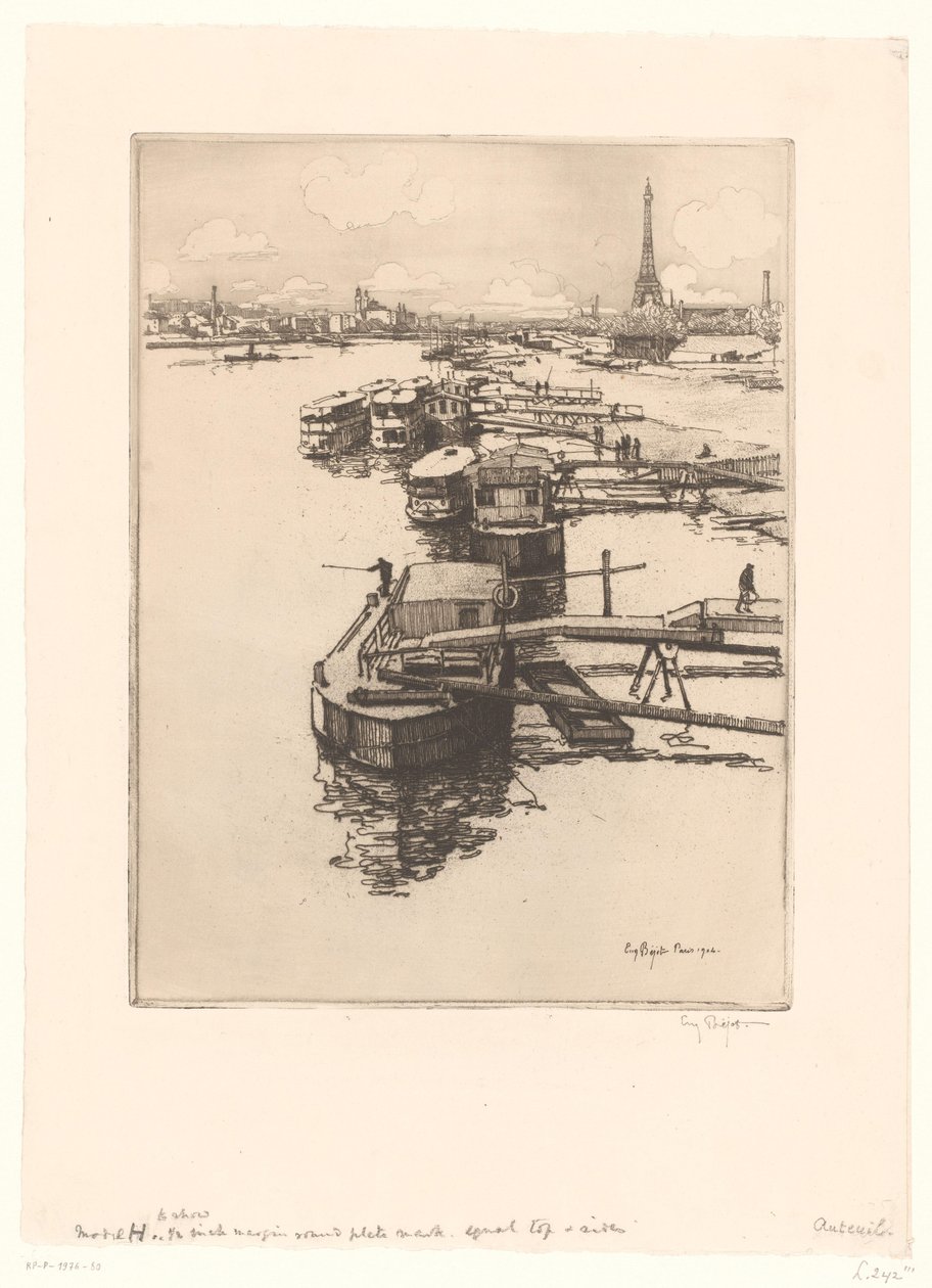 Rakpart omnibuszos hajókkal Párizsban, az Eiffel-torony a háttérben alkotó: Eugène Bejot (signed by artist)