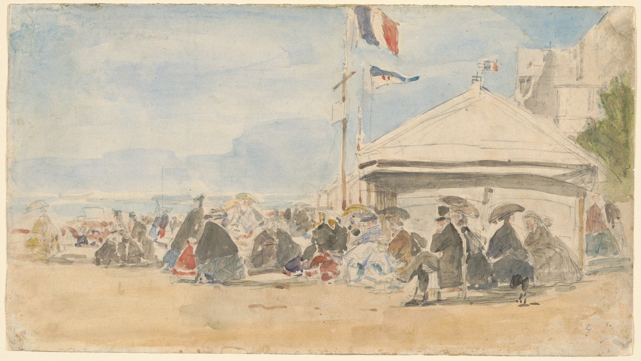 Strandház zászlókkal Trouville-ben alkotó: Eugène Boudin