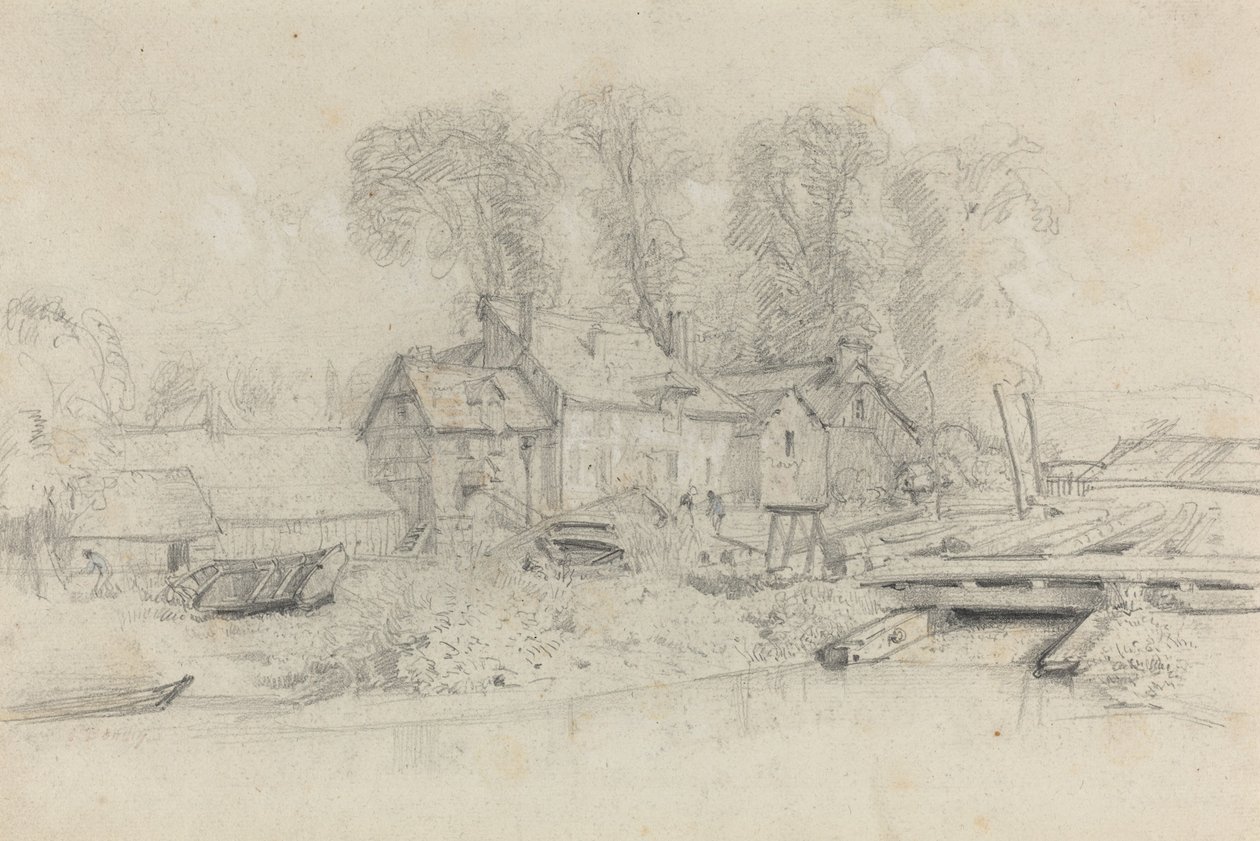 Folyói táj épületekkel, csónakokkal és figurákkal alkotó: Eugène Boudin