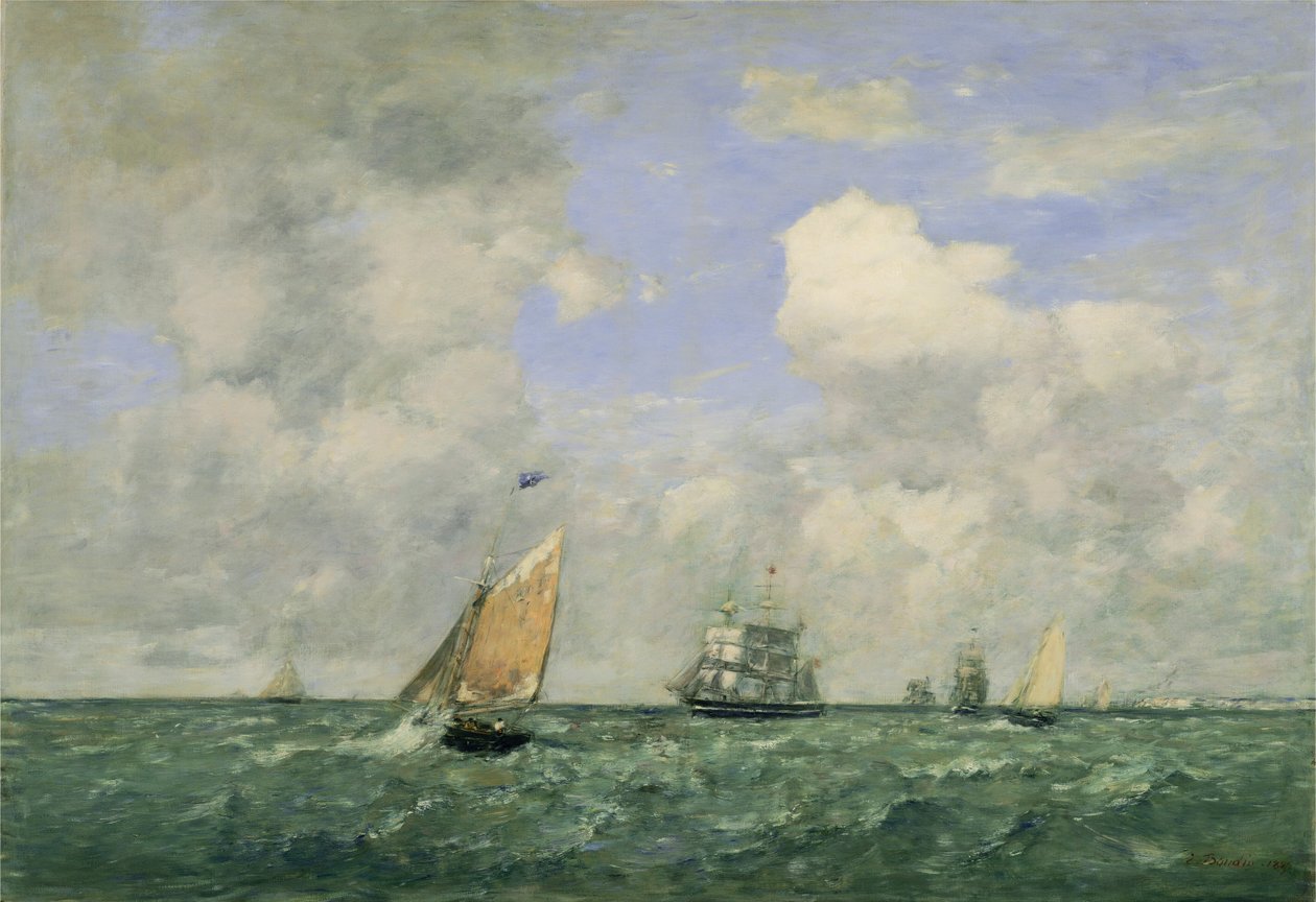 Hajók és vitorlások elhagyják Le Havre-t alkotó: Eugène Boudin