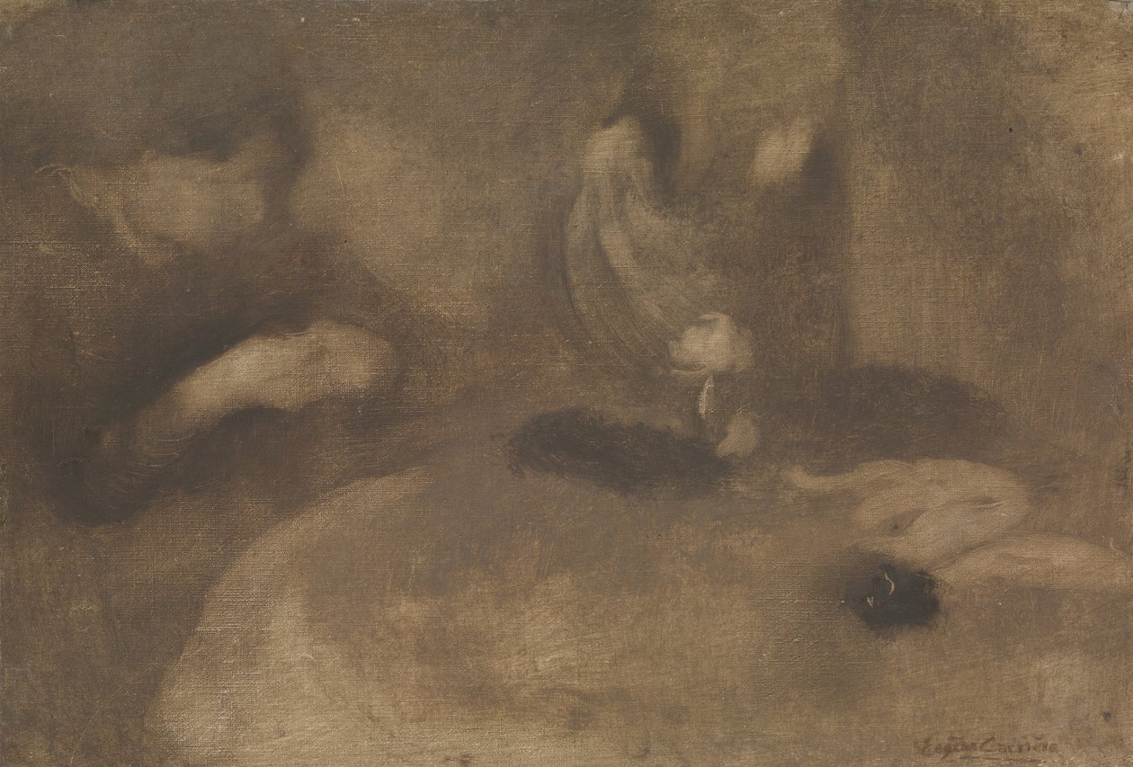 Nők varrnak asztalnál, kb. 1894-96. alkotó: Eugène Carrière