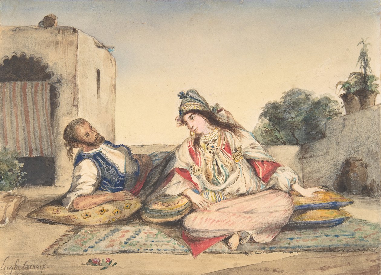 Egy marokkói házaspár a teraszukon, 1832. alkotó: Eugène Delacroix