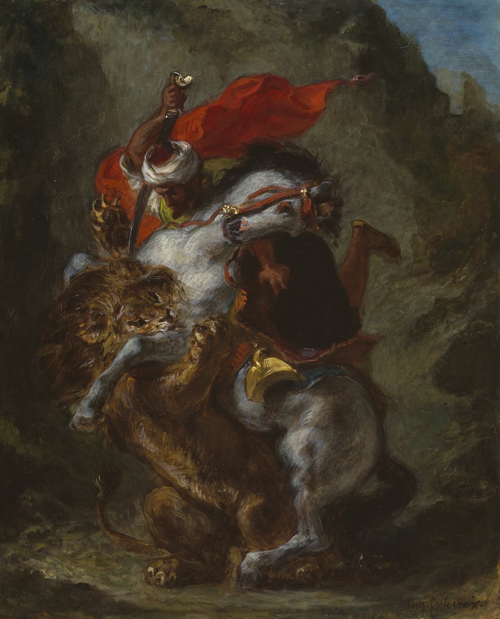 Oroszlán támadta meg az arab lovast alkotó: Eugène Delacroix