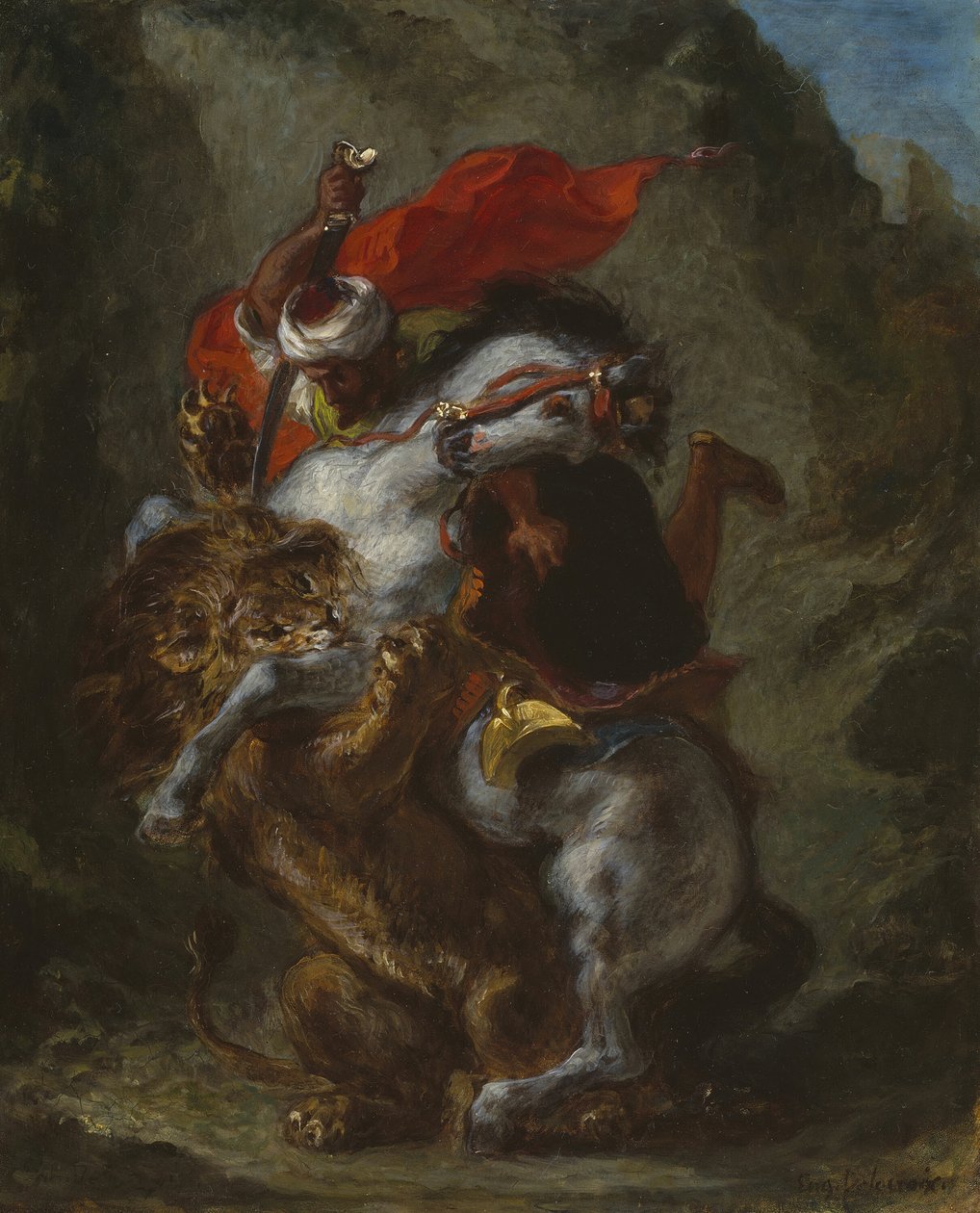 Arab lovas oroszlán által megtámadva, 184950. alkotó: Eugène Delacroix