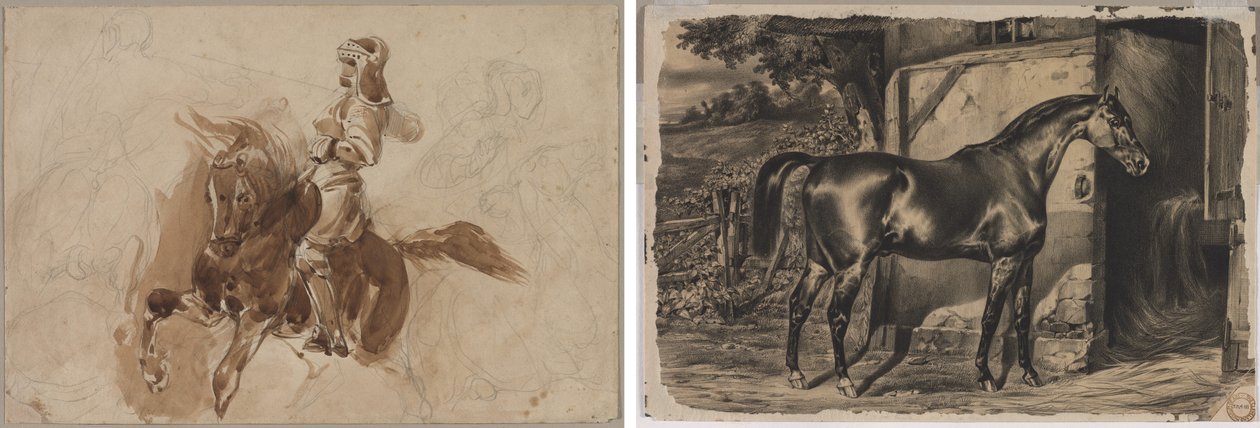 Páncélos alak lóháton (recto); Ló az istálló előtt (verso) alkotó: Eugène Delacroix