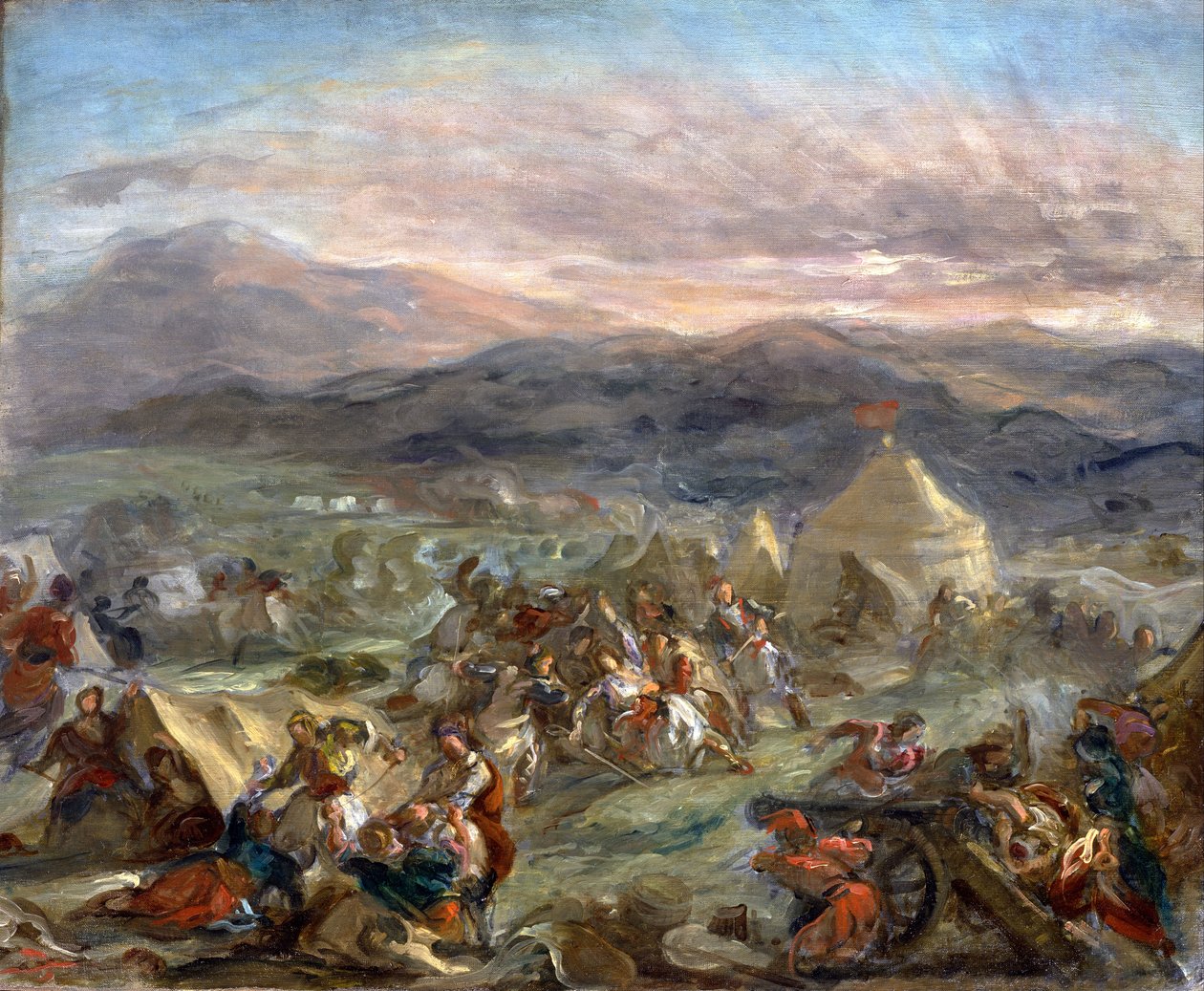 Botzaris meglepi a török tábort és halálosan megsebesül alkotó: Eugène Delacroix