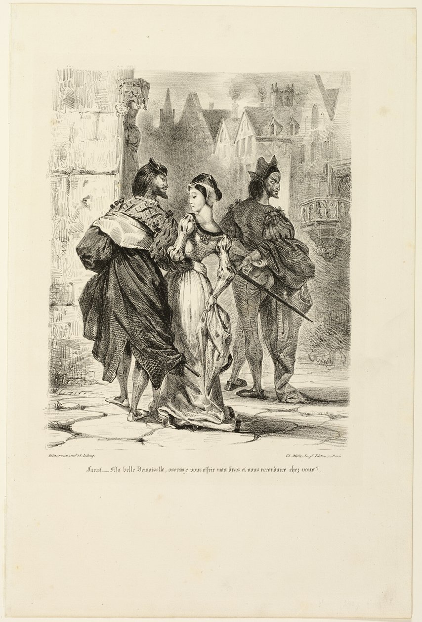 Faust megpróbálja elcsábítani Marguerite-et, a Faustból alkotó: Eugène Delacroix