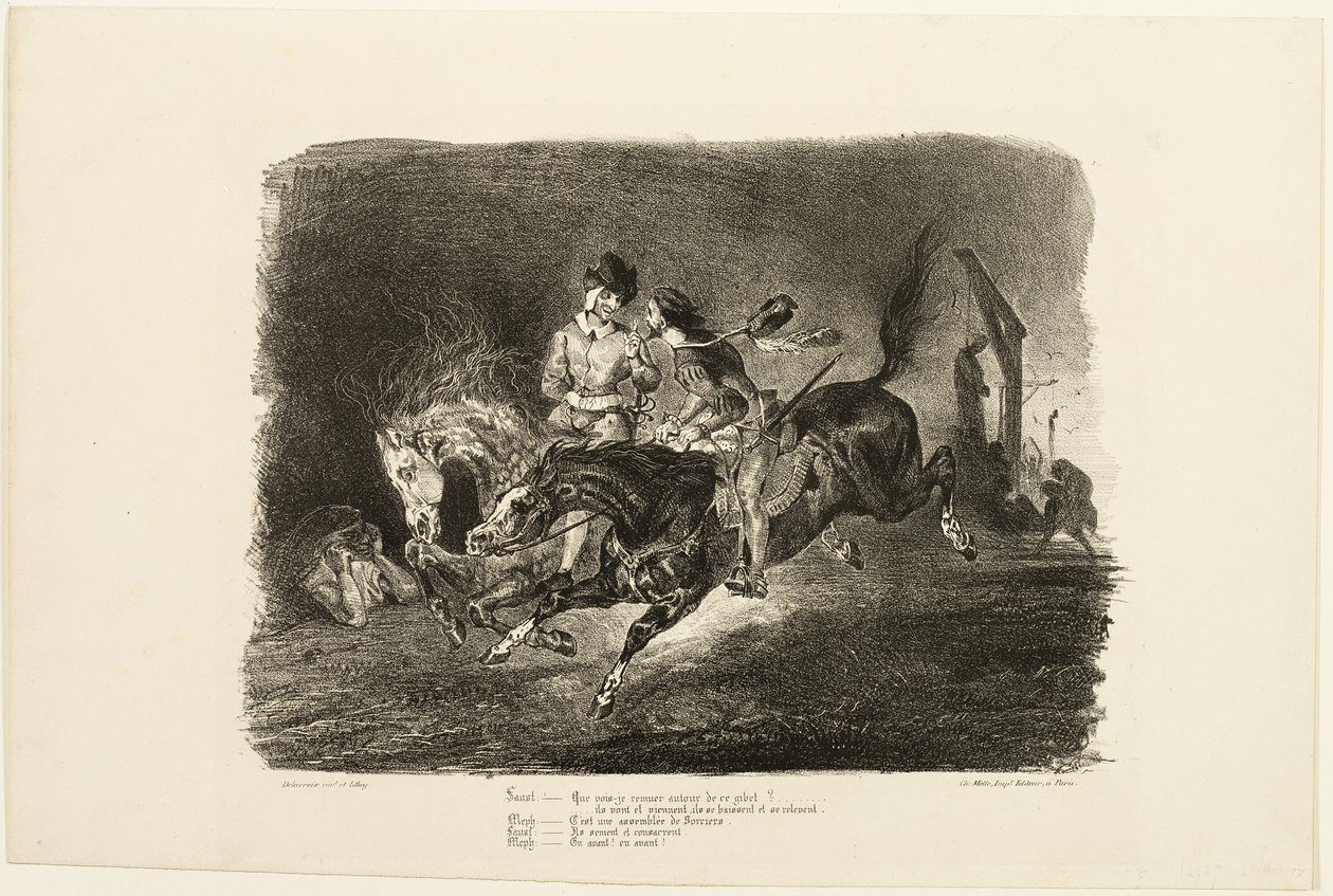 Faust és Mefisztó a boszorkányszombat éjszakáján át galoppozó Mefisztó, a Faustból alkotó: Eugène Delacroix