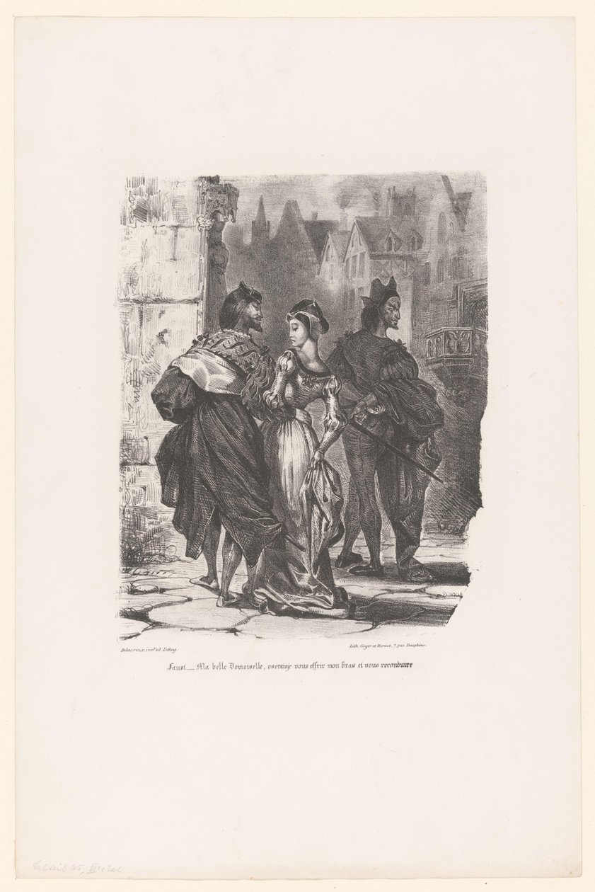 Faust probeert Grietje te verleiden Faust: Szép kisasszonyom, meg merném-e nyújtani a karomat és hazavinni? (cím a tárgyon) Faust (sorozat címe) Faust, M. de Goethe tragédiája (sorozat címe) alkotó: Eugène Delacroix