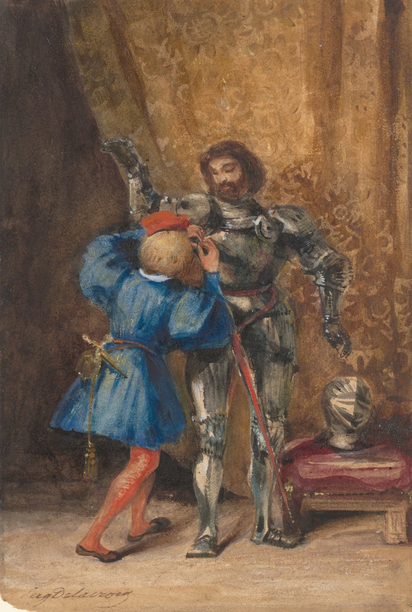 Goetz von Berlichingen páncélba öltözött, lapja George, 1826-27. alkotó: Eugène Delacroix