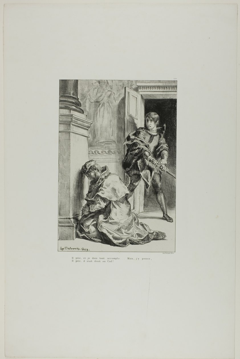Hamlet megpróbálja megölni a királyt, 8. tábla a Hamletből alkotó: Eugène Delacroix