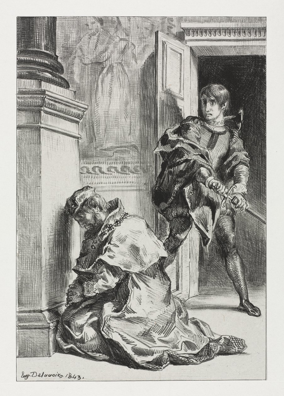 Hamlet: Hamlet megpróbálja megölni a királyt alkotó: Eugène Delacroix