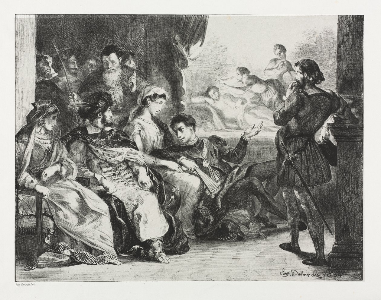 Hamlet: Hamlet megparancsolja a színészeknek, hogy készítsenek egy jelenetet az apja megmérgezéséből alkotó: Eugène Delacroix