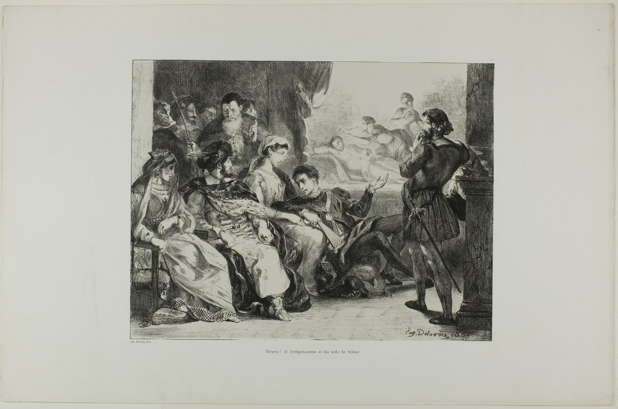 Hamlet ráveszi a színészeket, hogy játsszák el apja megmérgezését, 7. tábla a Hamletből alkotó: Eugène Delacroix