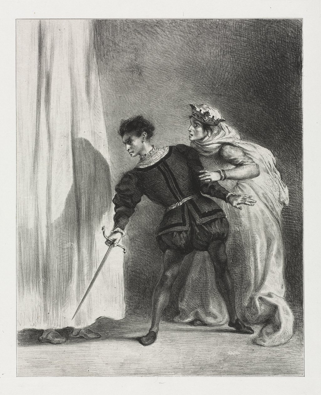 Hamlet: Polonius meggyilkolása alkotó: Eugène Delacroix