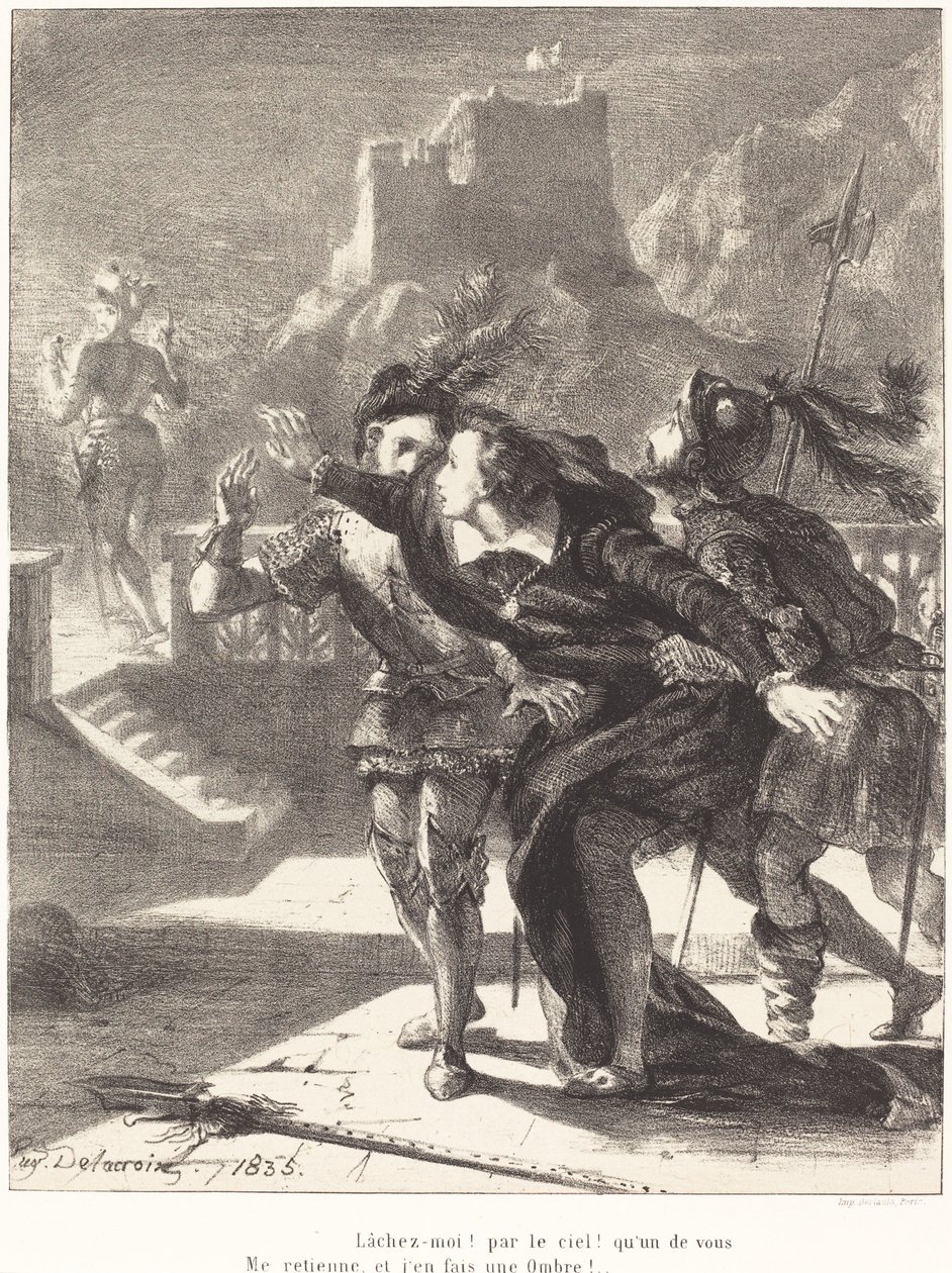 Hamlet követni kívánja apja szellemét (I. felvonás, IV. jelenet) alkotó: Eugène Delacroix