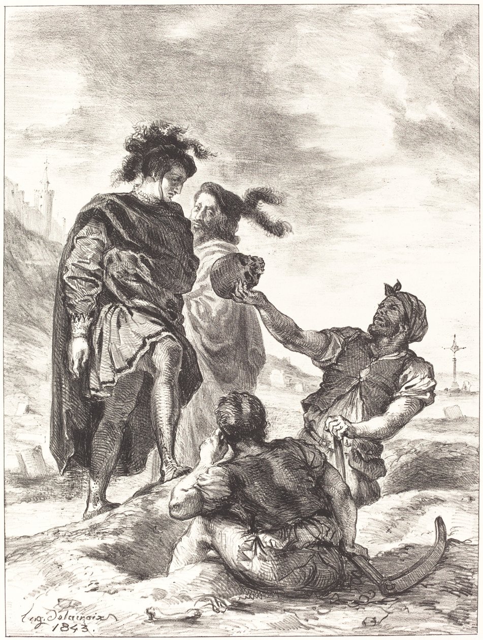 Hamlet és Horatio a sírásók előtt V. felvonás, I. jelenet, 1843. alkotó: Eugène Delacroix