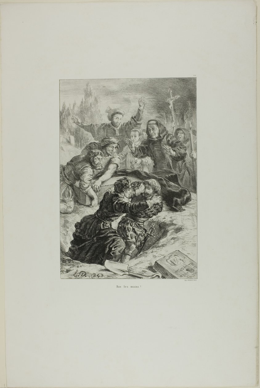 Hamlet és Laertes Ophelia sírjánál, 15. tábla a Hamletből alkotó: Eugène Delacroix