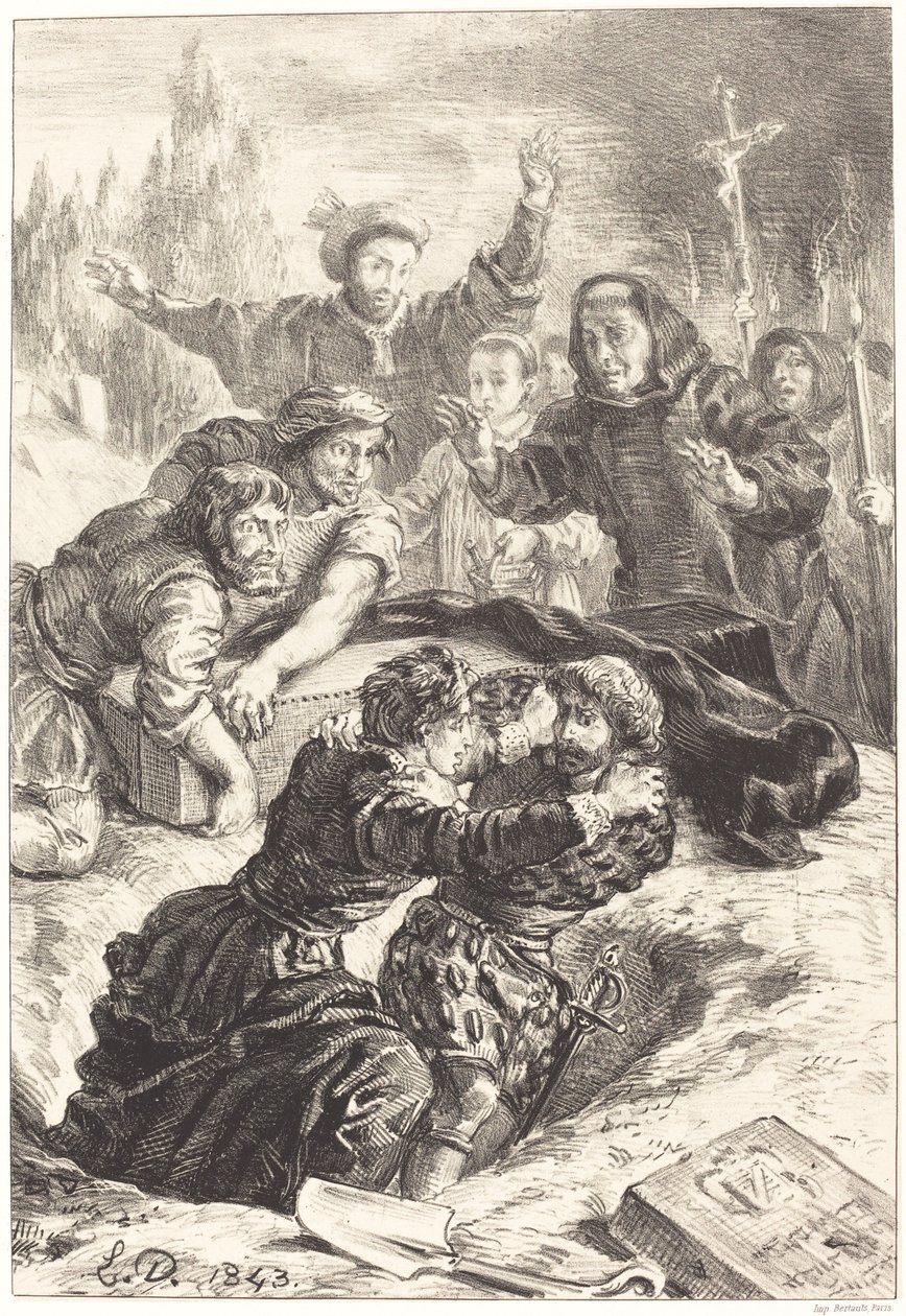 Hamlet és Laertes Ophelia sírjában V. felvonás, I. jelenet, 1843. alkotó: Eugène Delacroix