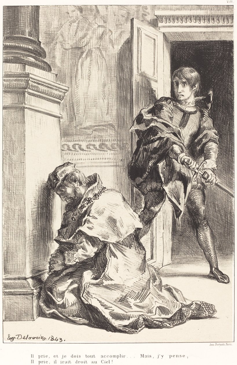 Hamletet megkísértik megölni a királyt (III. felvonás, III. jelenet) alkotó: Eugène Delacroix