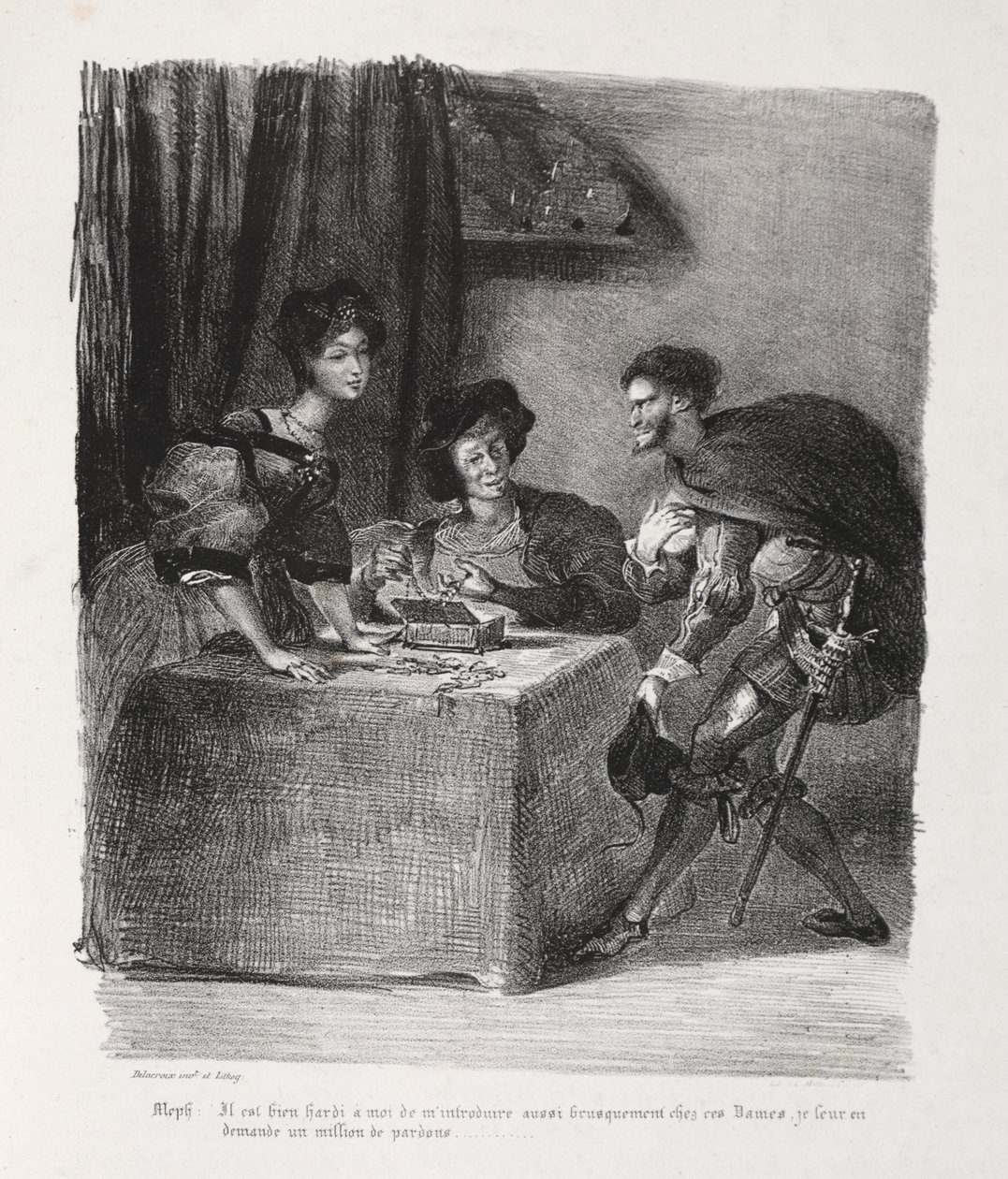 Illusztrációk a Fausthoz: Mephistopheles Marthe-nál van alkotó: Eugène Delacroix