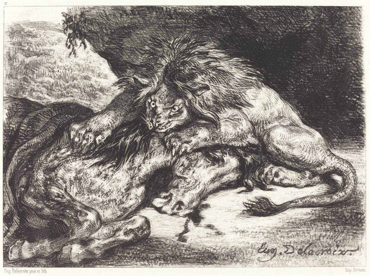 Oroszlán felfal egy lovat Oroszlán felfal egy lovat, 1844. alkotó: Eugène Delacroix