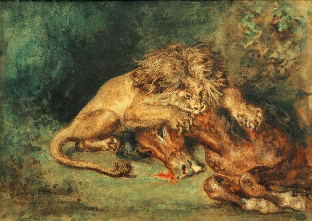 Oroszlán tép egy lovat alkotó: Ferdinand Victor Eugene Delacroix