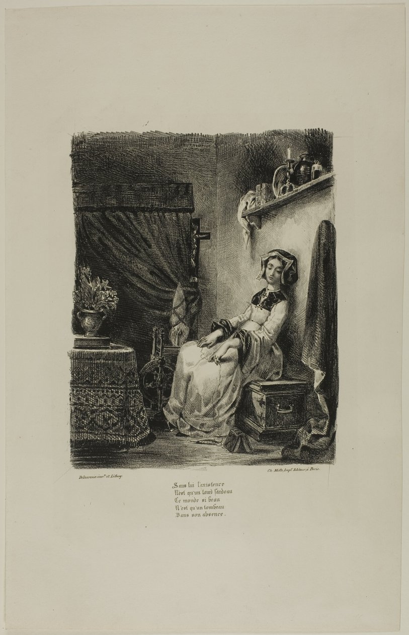 Marguerite a forgó keréknél, a Faustból alkotó: Eugène Delacroix