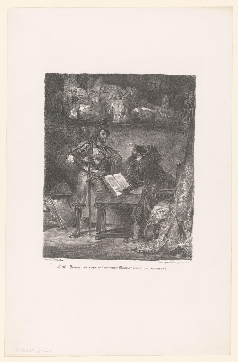 Mephisto verschijnt aan Faust Meph: Minek ez a felhajtás? (...) (cím az objektumon) Faust (sorozat címe) Faust, M. de Goethe tragédiája (sorozat címe) alkotó: Eugène Delacroix