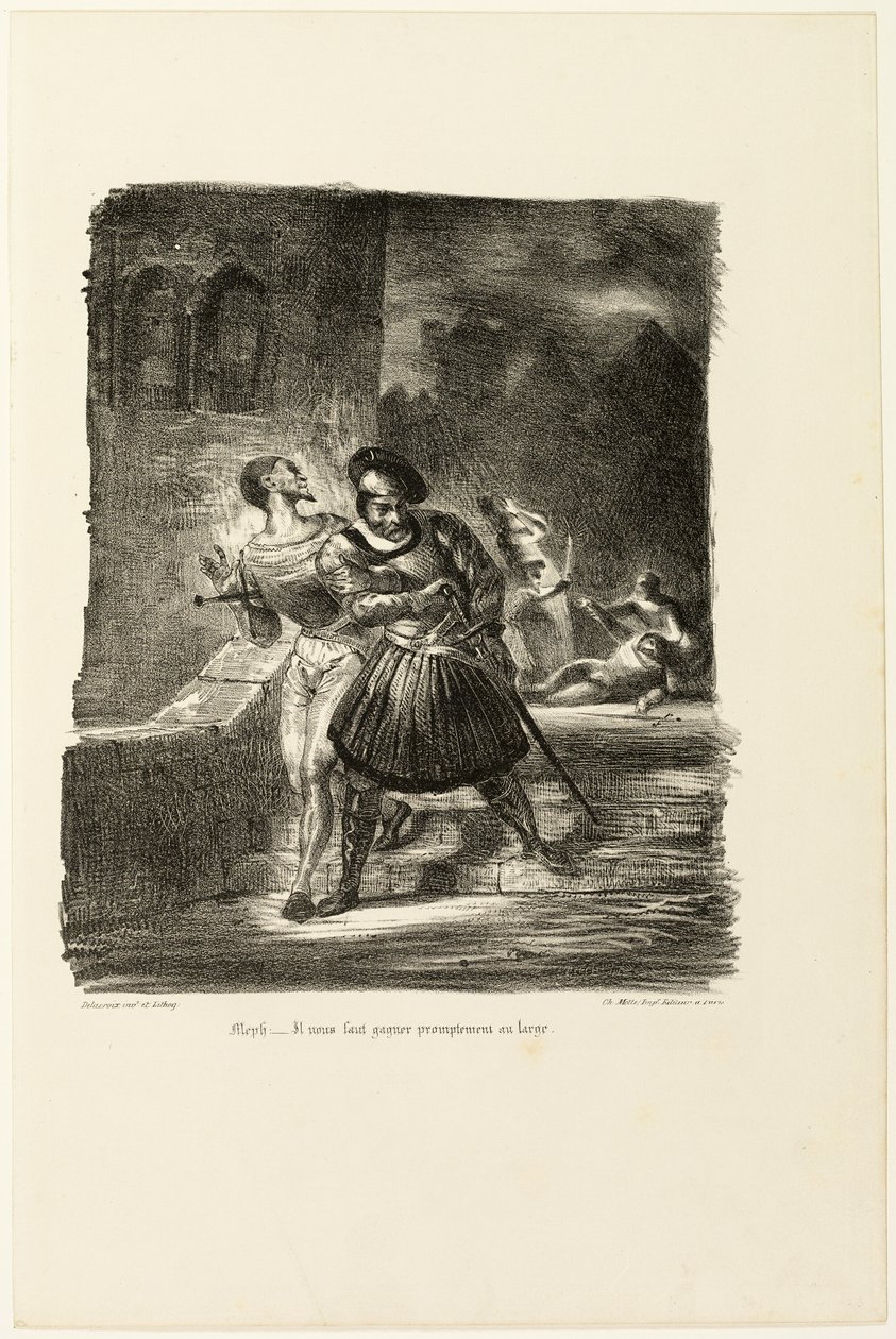 Mefisztó és Faust a párbaj után menekülve, a Fausttól alkotó: Eugène Delacroix