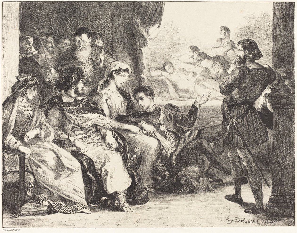Hamlet apja mérgezését játszó játékosok III. felvonás, II. jelenet, 1835. alkotó: Eugène Delacroix