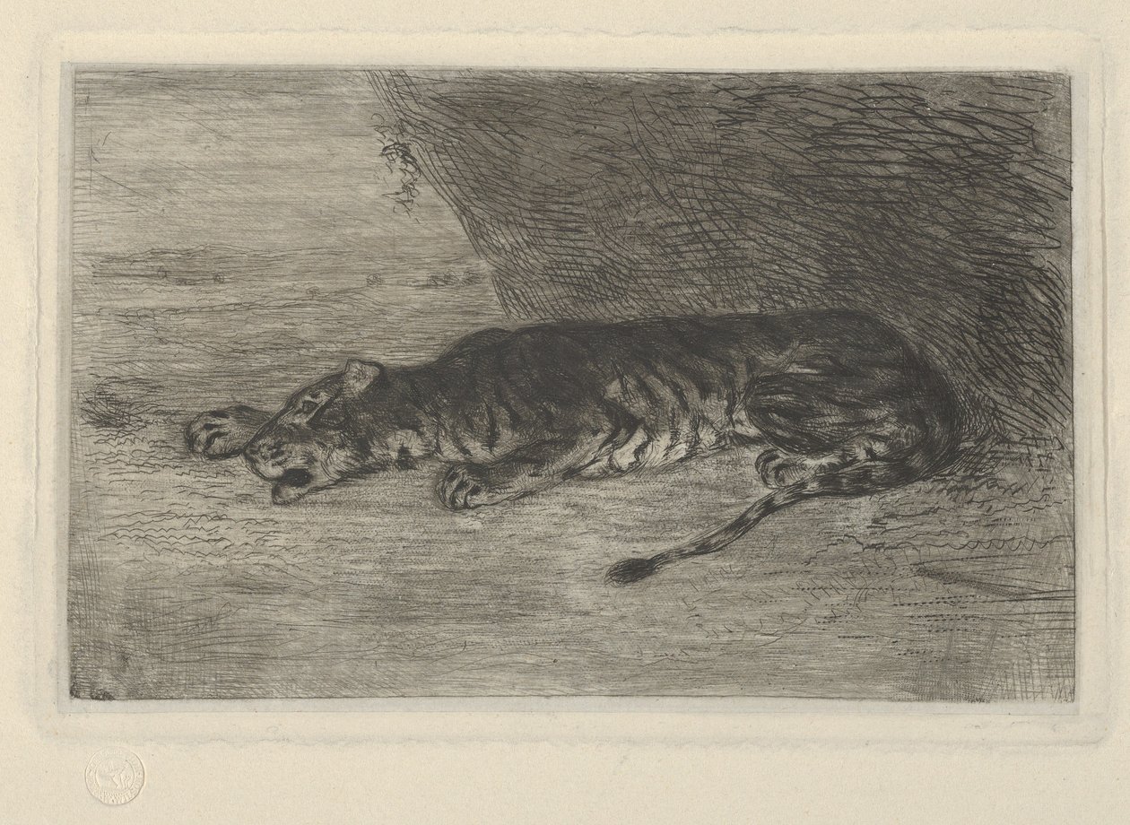 Tigris fekszik odúja bejáratánál, kb. 1828-30., kb. 1828-30. alkotó: Eugène Delacroix