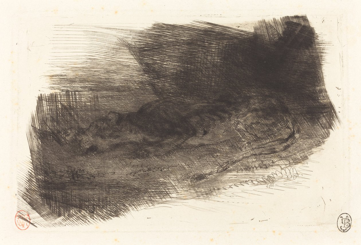 Tigris alszik odúja bejáratánál Tigris alszik odúja bejáratánál, c. 18281833. alkotó: Eugène Delacroix