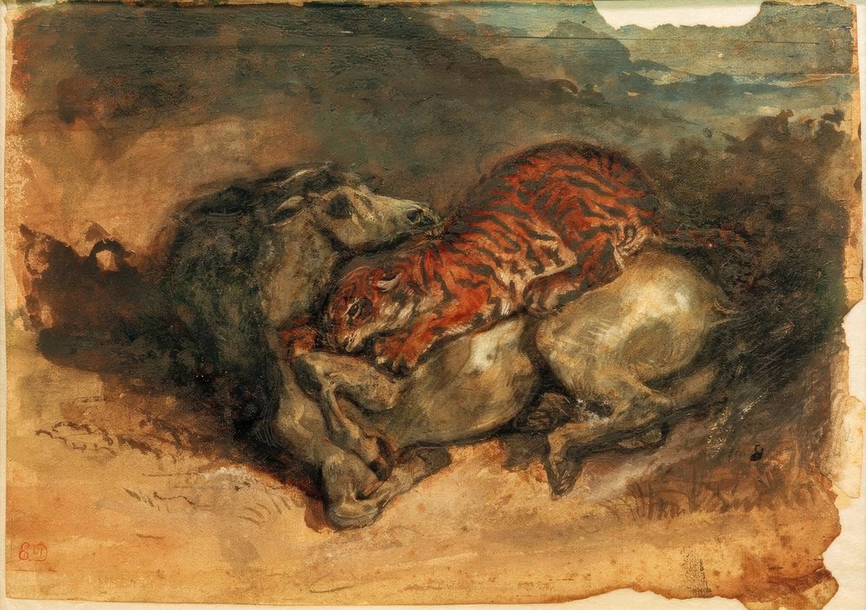 Tigris megtámad egy lovat alkotó: Ferdinand Victor Eugene Delacroix