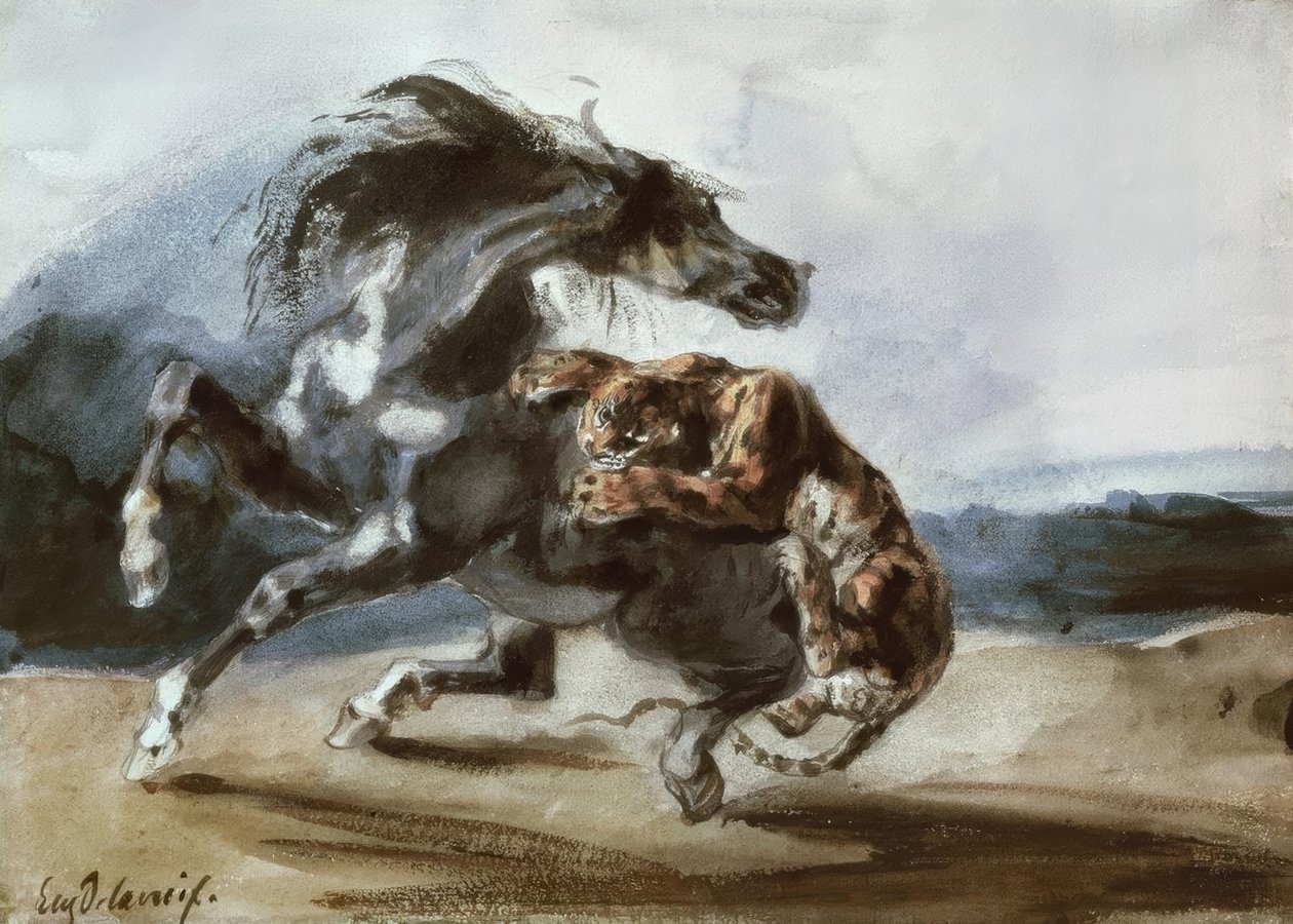 Tigris megtámad egy vad lovat alkotó: Ferdinand Victor Eugene Delacroix