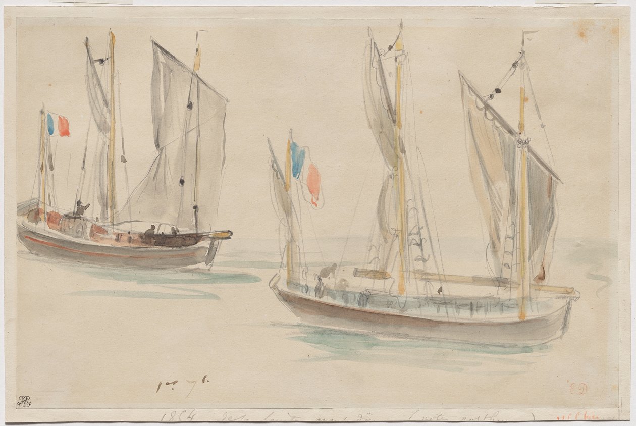 Két hajó Dieppe kikötőjében alkotó: Eugène Delacroix