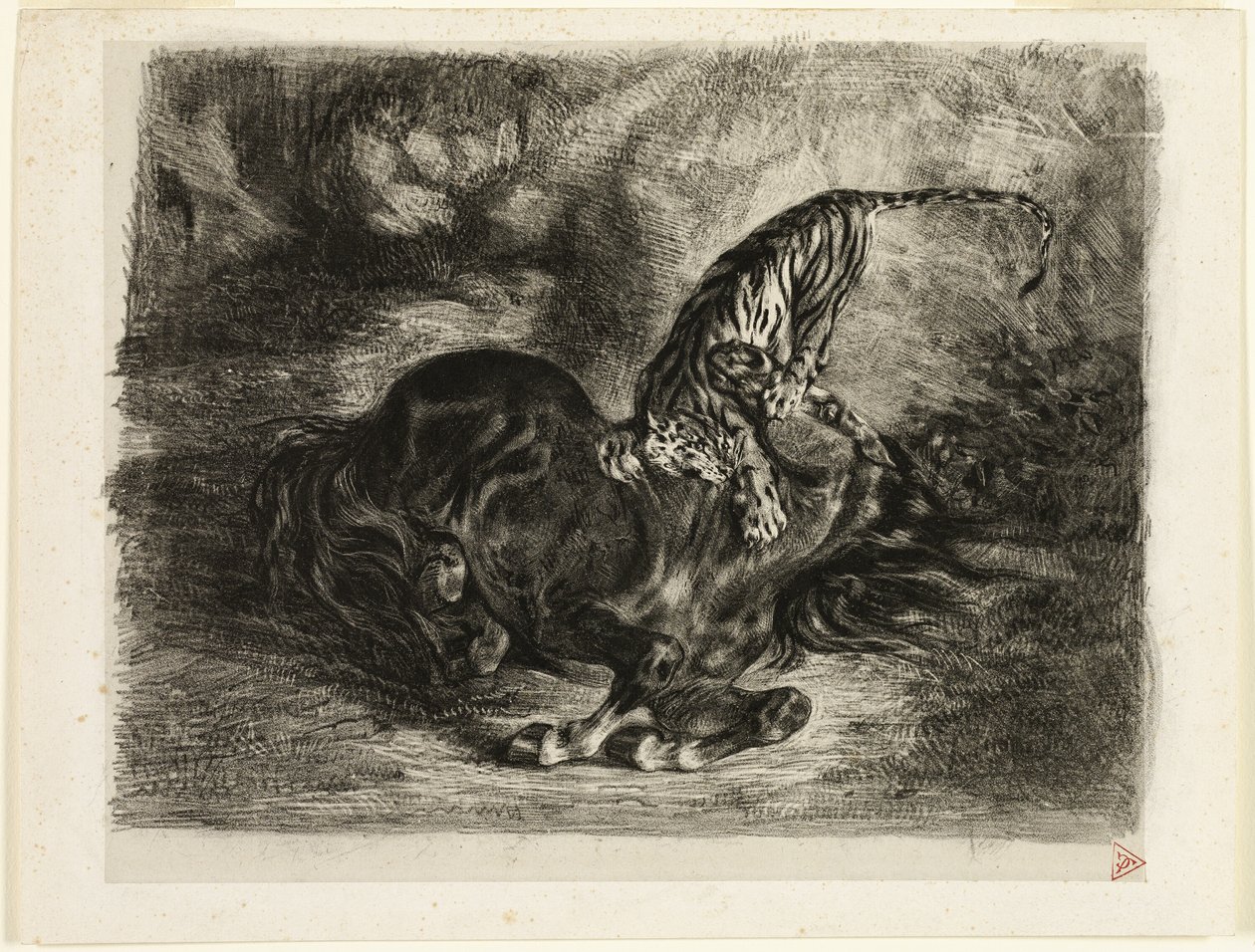 Vad ló, amelyet egy tigris hozott le alkotó: Eugène Delacroix