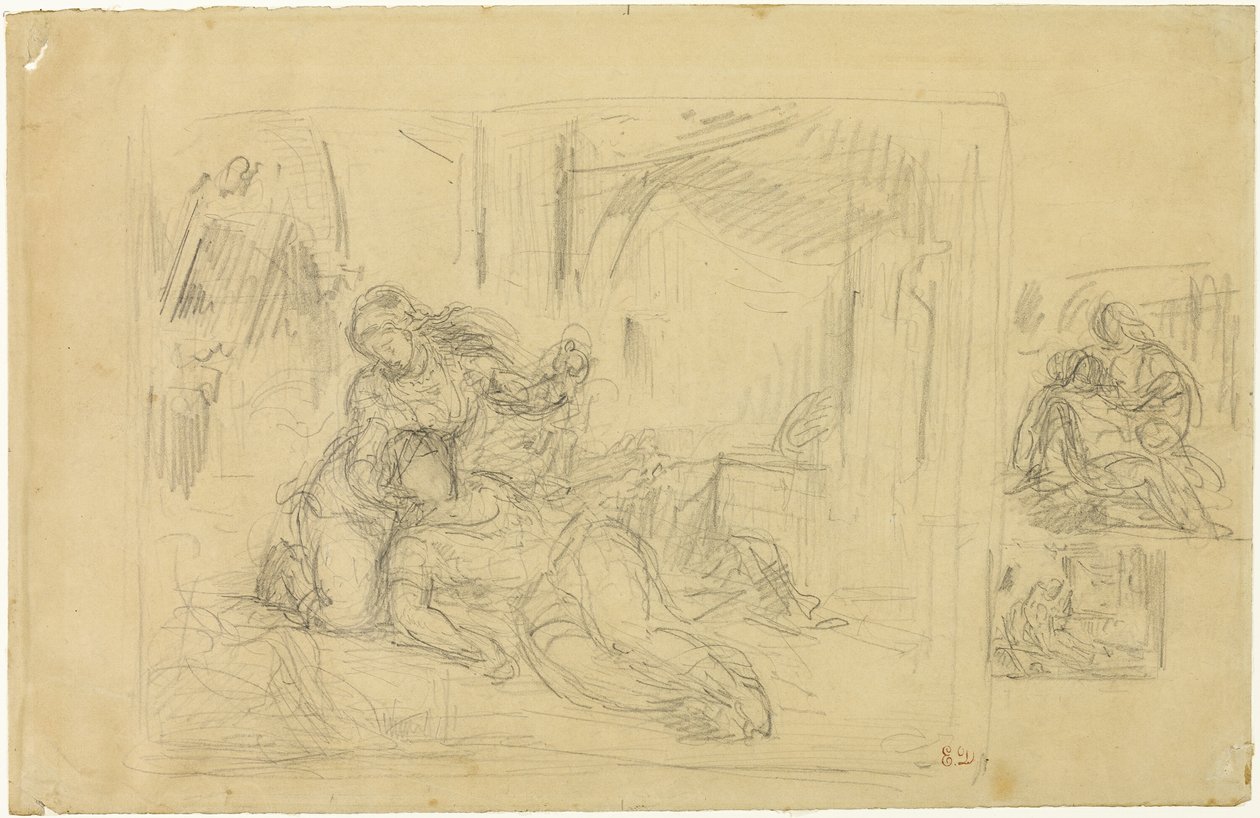 Haldokló nő (?), Férfi a hálószobában, két vázlat ugyanarról alkotó: Eugène Delacroix