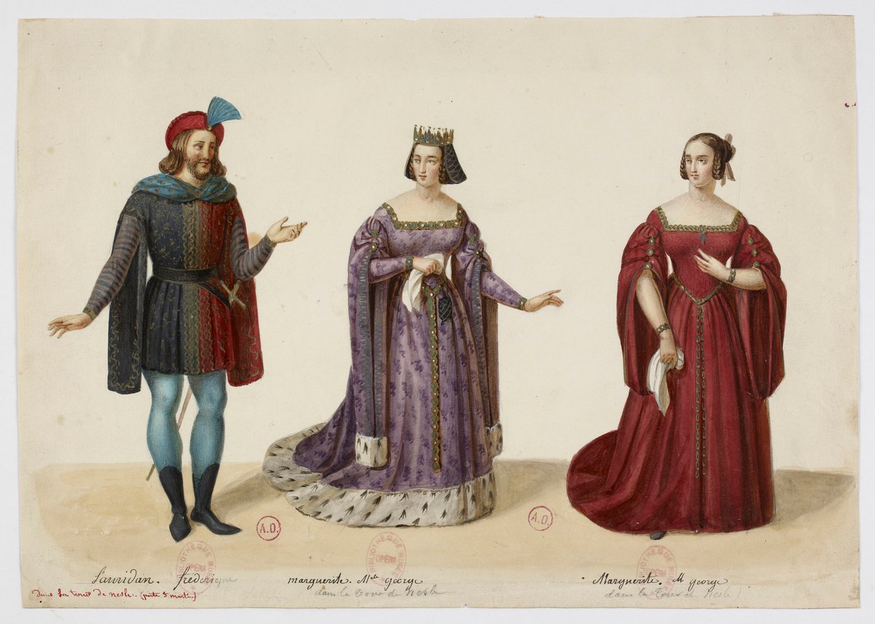 Jelmezek - Frederic Lemaitre mint Buridan, Mlle George mint Marguerite de Bourgogne (La Tour de Nesle, 1832. szeptember) alkotó: Eugène Du Faget