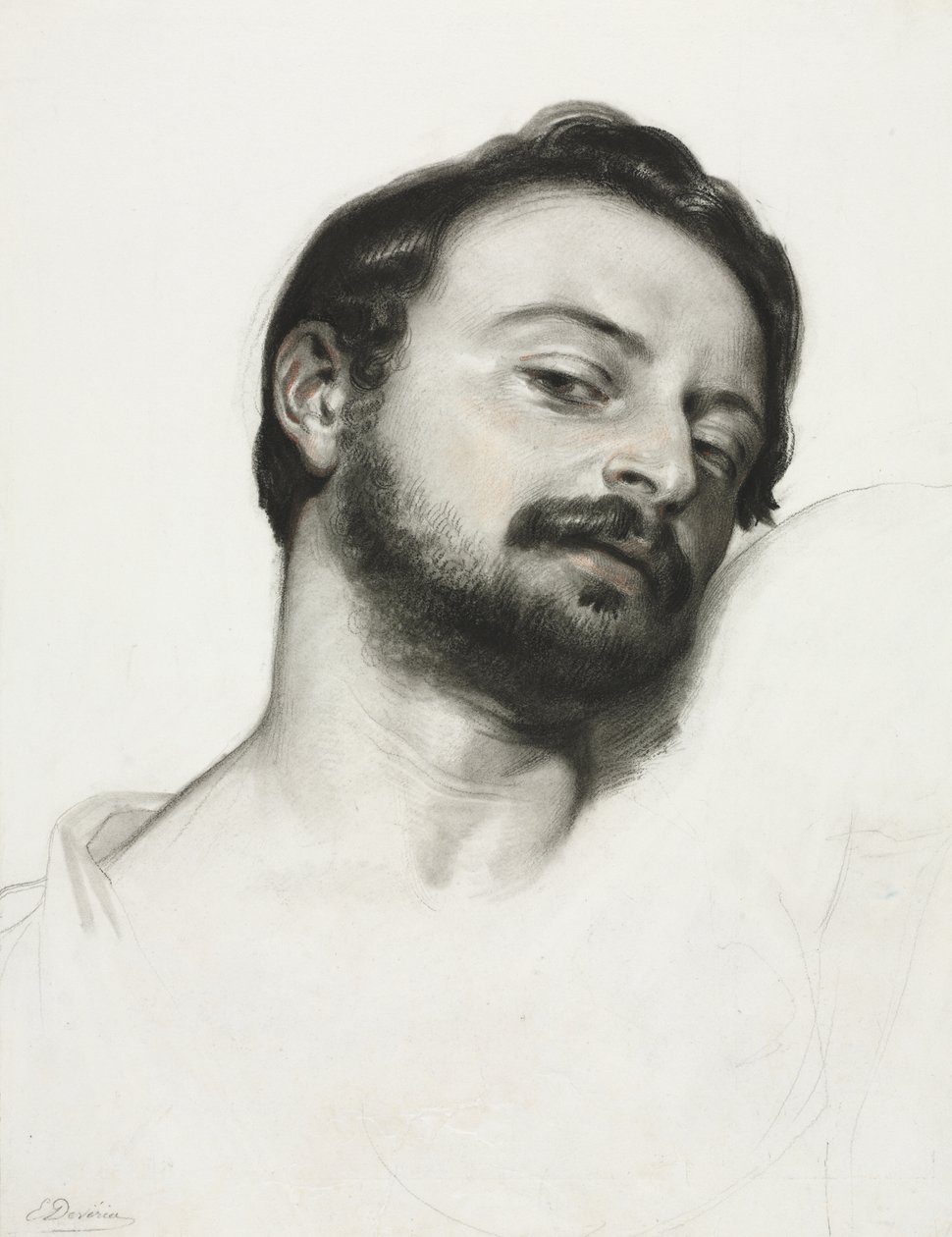 Férfi fej (szénnel, szangvinával felerősített fehér kartonon) alkotó: Eugène François Marie Joseph Devéria